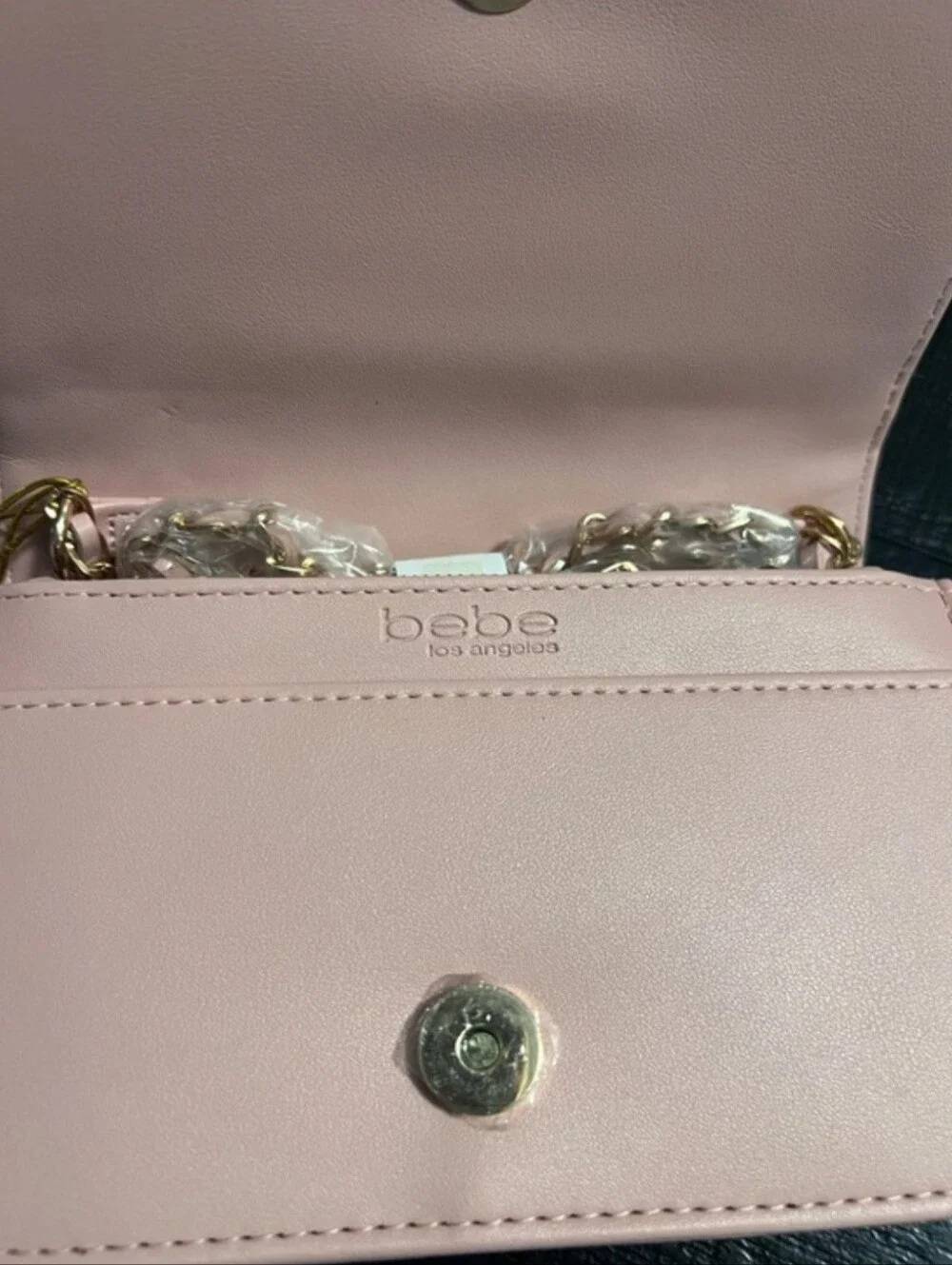 bebe Quilted Blush Crossbody Bag with Gold Chain Trim
